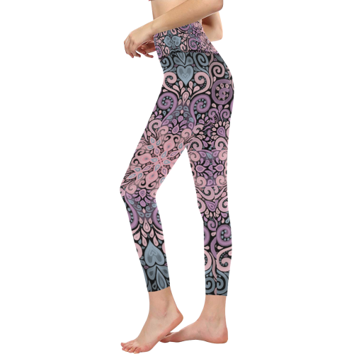 Pink, purple blue, Boho Ornate Watercolor Mandala Women's All Over Print High-Waisted Leggings (Model L36)