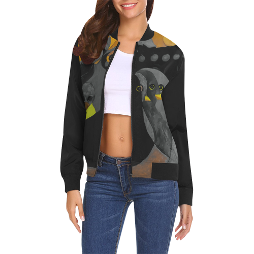 Stream Consciousness Black Bird All Over Print Bomber Jacket for Women (Model H19)