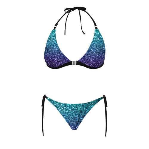 Beautiful Aqua blue Ombre glitter sparkles Buckle Front Halter Bikini Swimsuit (Model S08)