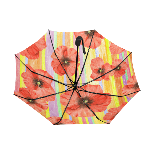 Watercolor STRIPES red POPPIES Blossoms Anti-UV Auto-Foldable Umbrella (Underside Printing) (U06)