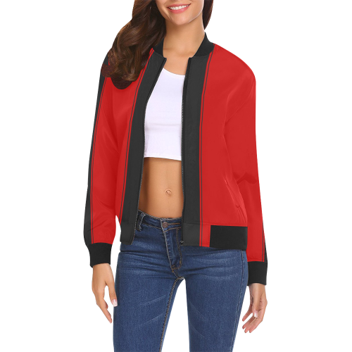 Red Racing Stripe Center Black All Over Print Bomber Jacket for Women (Model H19)