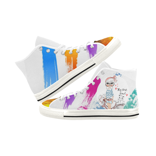 Little girl cartoon with cute cat Vancouver H Women's Canvas Shoes (1013-1)