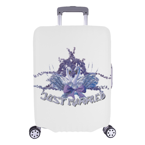 just married with white swans in love and cherry blossoms Luggage Cover/Large 26"-28"