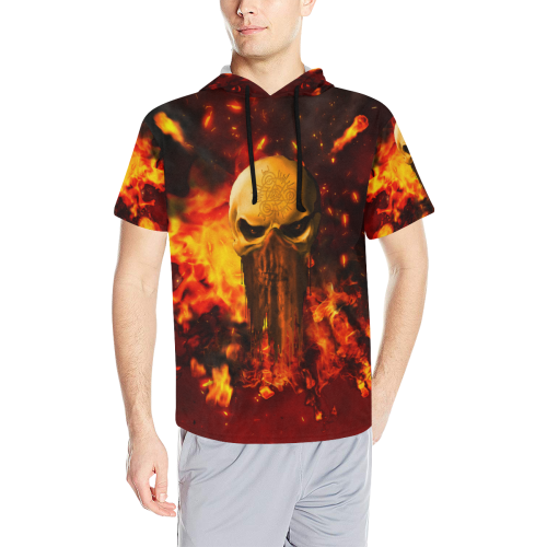 Amazing skull with fire All Over Print Short Sleeve Hoodie for Men (Model H32)