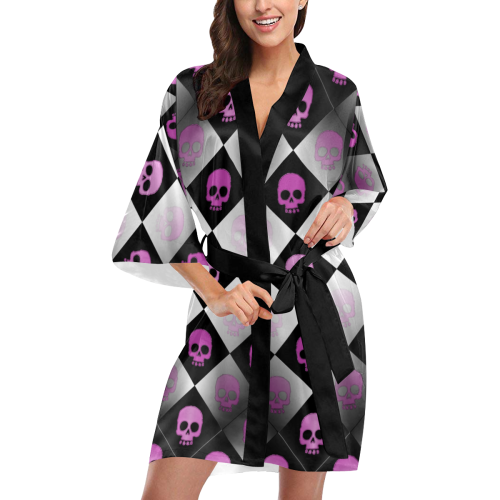 Pink Checkered Skulls Kimono Robe