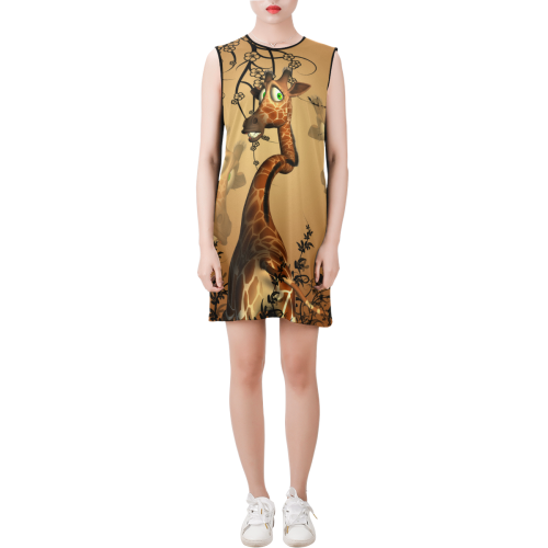 Cute giraffe in the fantasy wood Sleeveless Round Neck Shift Dress (Model D51)