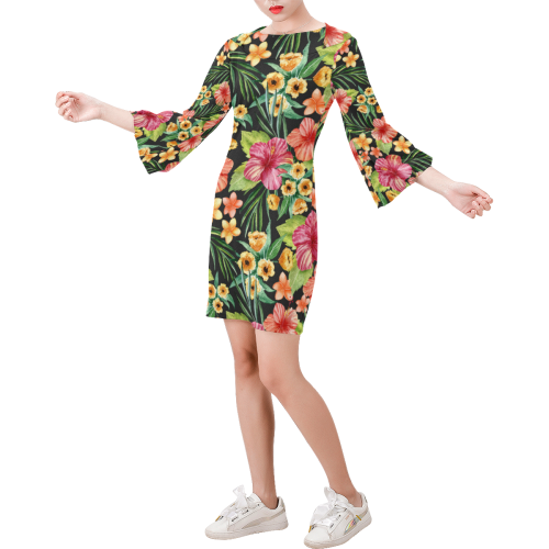 Awesome Tropical Hibiscus Bell Sleeve Dress (Model D52)