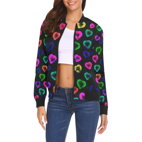 blurry neon hearts All Over Print Bomber Jacket for Women (Model H19)