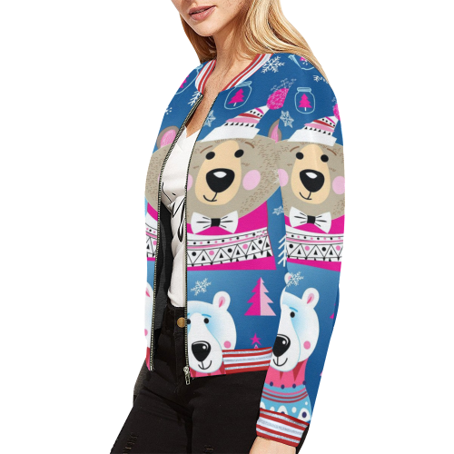 Happy Holidays Bears Patterns All Over Print Bomber Jacket for Women (Model H21)