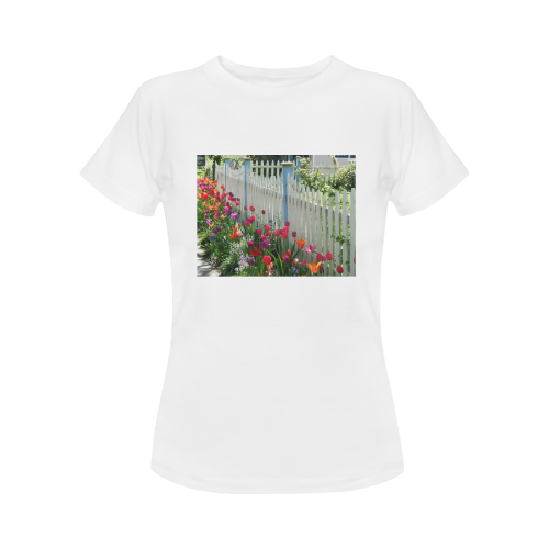 Tulips Along White Picket Fence Photography t-shirt tshirt Women's T-Shirt in USA Size (Front Printing Only)