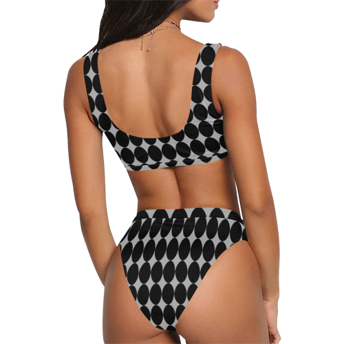 Black Gray Graphic Mod Stylish Sport Top & High-Waisted Bikini Swimsuit (Model S07)