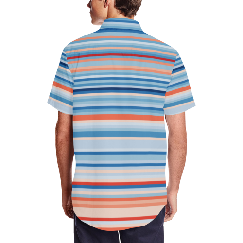 blue and coral stripe 2 Men's Short Sleeve Shirt with Lapel Collar (Model T54)