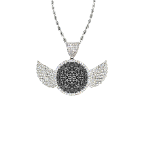 mandala 3D-20 Wings Silver Photo Pendant with Rope Chain