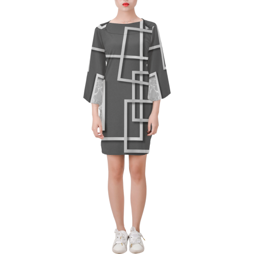 Grey and White Geometric Design By Me by Doris Clay-Kersey Bell Sleeve Dress (Model D52)