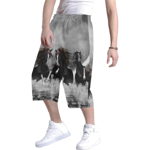 Awesome running black horses Men's All Over Print Baggy Shorts (Model L37)