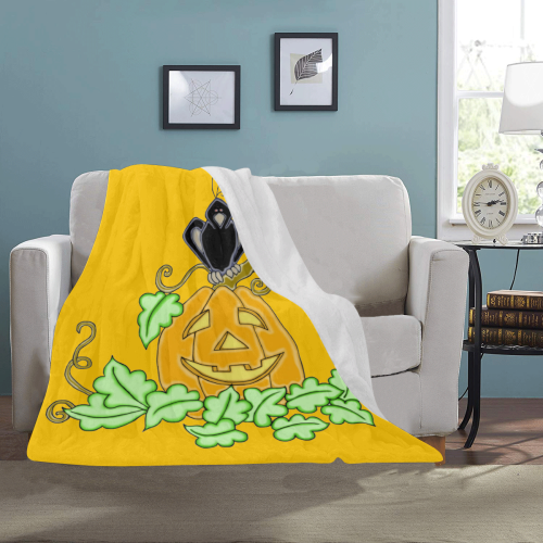 Halloween Crow And Pumpkin Yellow Ultra-Soft Micro Fleece Blanket 40"x50"