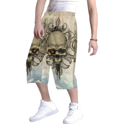 Creepy skull, vintage background Men's All Over Print Baggy Shorts (Model L37)