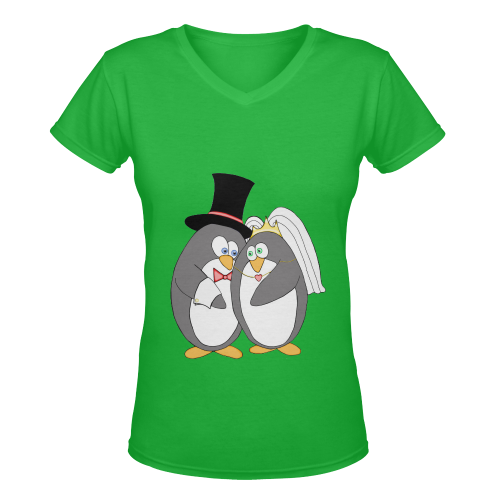 Penguin Wedding Green Women's Deep V-neck T-shirt (Model T19)