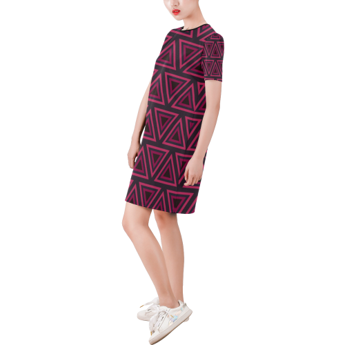 Tribal Ethnic Triangles Short-Sleeve Round Neck A-Line Dress (Model D47)