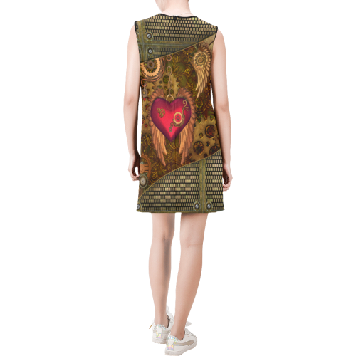 Steampunk, heart with wings Sleeveless Round Neck Shift Dress (Model D51)