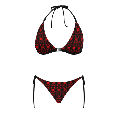 Abstract Flowing * Red on Black Buckle Front Halter Bikini Swimsuit (Model S08)