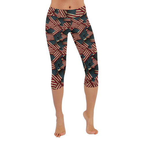 Patriotic USA American Flag Art Women's Low Rise Capri Leggings (Invisible Stitch) (Model L08)