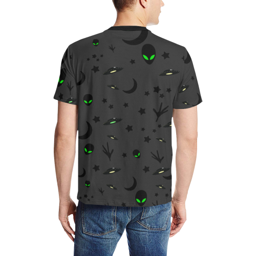 Alien Flying Saucers Stars Pattern Charcoal Men's All Over Print T-Shirt (Solid Color Neck) (Model T63)