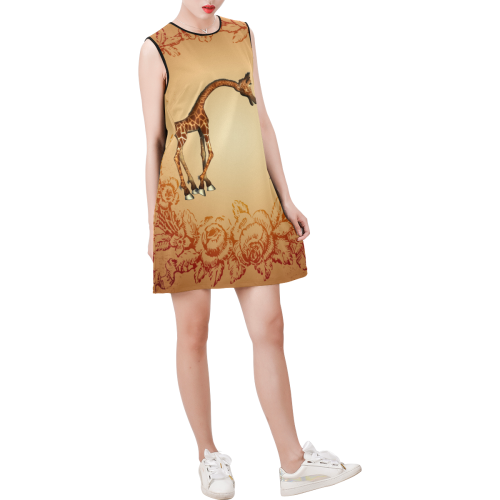 Cute giraffe with young giraffe Sleeveless Round Neck Shift Dress (Model D51)