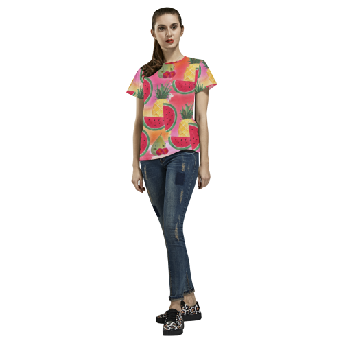 Watercolor Fruit Watermelon Pineapple Pear Cherry All Over Print T-Shirt for Women (USA Size) (Model T40)