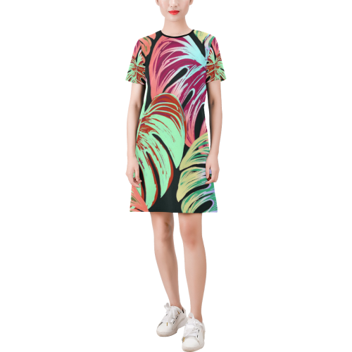Pretty Leaves A by JamColors Short-Sleeve Round Neck A-Line Dress (Model D47)