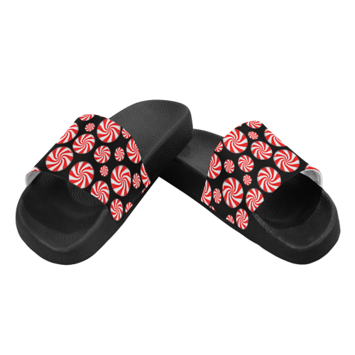 Christmas Peppermint Candy on Black Women's Slide Sandals (Model 057)