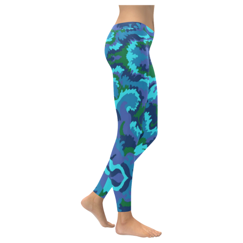mauve blue green wave design Women's Low Rise Leggings (Invisible Stitch) (Model L05)
