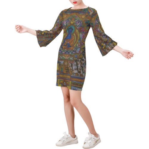 Awesome Thanka With The Holy Medicine Buddha Bell Sleeve Dress (Model D52)