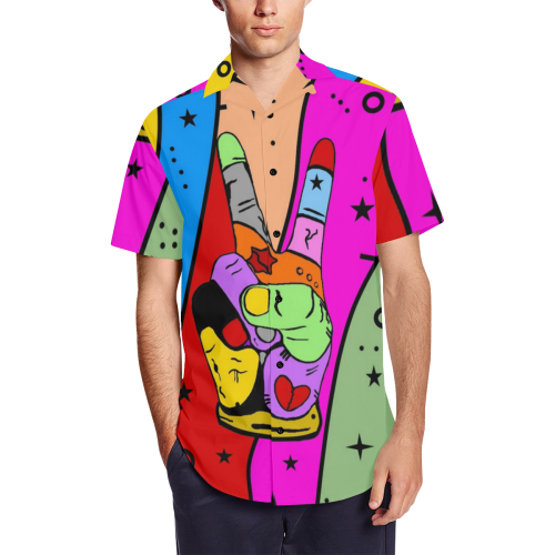 Peace popart by Nico Bielow Men's Short Sleeve Shirt with Lapel Collar (Model T54)