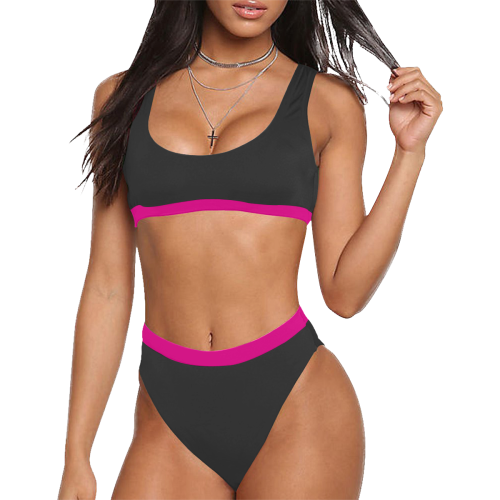 basic black with bright pink trim Sport Top & High-Waisted Bikini Swimsuit (Model S07)