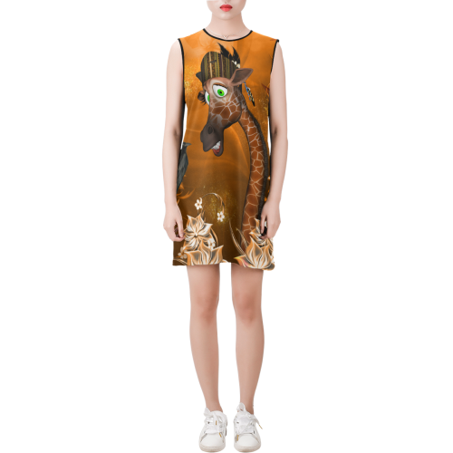 Funny giraffe with feathers Sleeveless Round Neck Shift Dress (Model D51)
