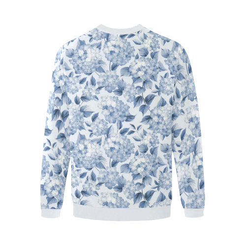 Blue and White Floral Pattern Men's Oversized Fleece Crew Sweatshirt (Model H18)