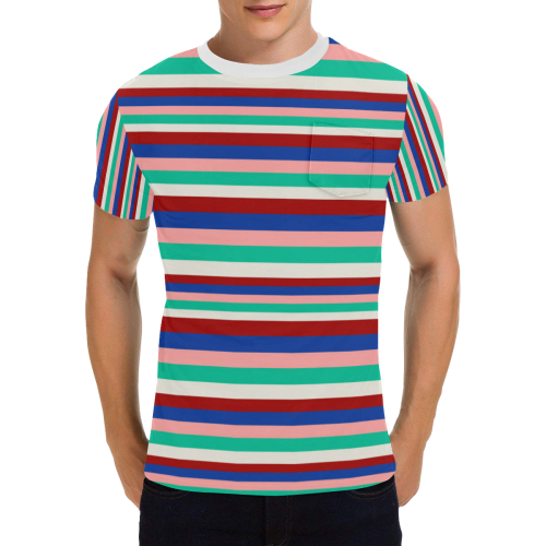 Colored Stripes - Dark Red Blue Rose Teal Cream Men's All Over Print T-Shirt with Chest Pocket (Model T56)