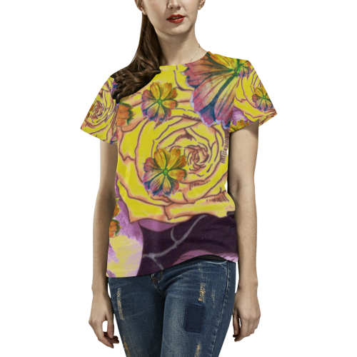 Multicolor Watercolor Flowers Yellow Purple Green All Over Print T-Shirt for Women (USA Size) (Model T40)