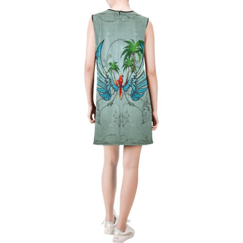 cute parrot with wings and palm Sleeveless Round Neck Shift Dress (Model D51)