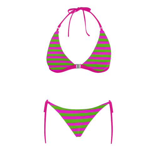 Pink Green Stripes Pink Buckle Front Halter Bikini Swimsuit (Model S08)