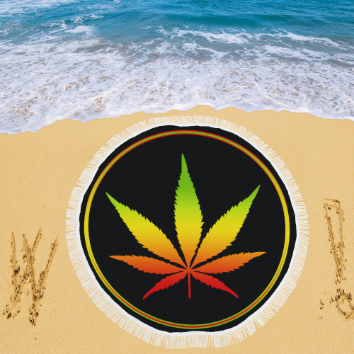 Rastafari Marijuana Leaf Button Green Yellow Red Circular Beach Shawl 59"x 59"