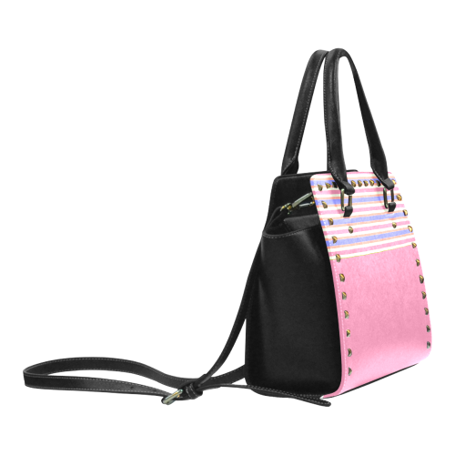 Retro TubeTop Stripe Pink Multi Rivet Shoulder Handbag (Model 1645)