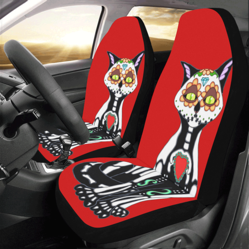 Sugar Skull Cat Red Car Seat Covers (Set of 2)