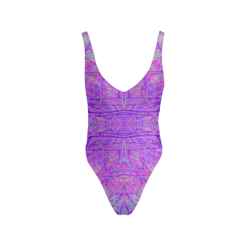 Hot Pink and Purple Abstract Branch Pattern Sexy Low Back One-Piece Swimsuit (Model S09)