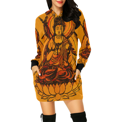 yellow buddha meditation illustration All Over Print Hoodie Mini Dress (Model H27)