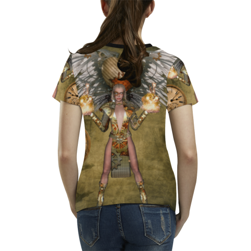 Steampunk lady with clocks and gears All Over Print T-shirt for Women/Large Size (USA Size) (Model T40)