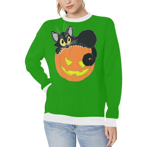 Halloween Black Cat And Pumpkin Green Women's Rib Cuff Crew Neck Sweatshirt (Model H34)