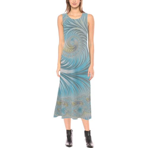 Blue Skies Soft Spring Breeze Fractal Abstract Phaedra Sleeveless Open Fork Long Dress (Model D08)