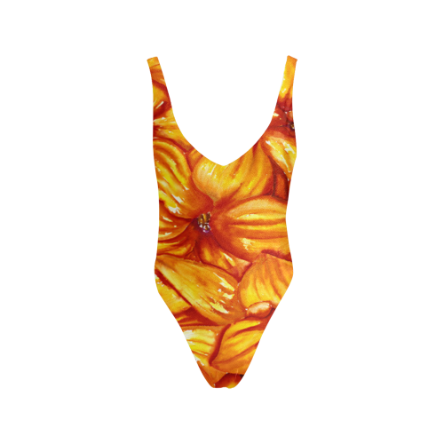 yellow oragne orchids 1b Sexy Low Back One-Piece Swimsuit (Model S09)